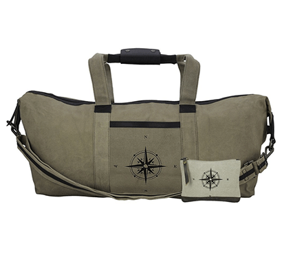 neudis genuine leather & recycled stone washed canvas duffle bag for gym & travel - compass - green