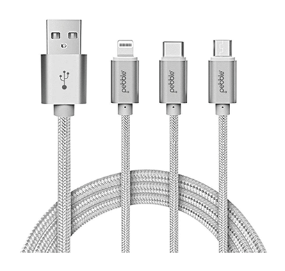 pebble premium 3 in 1 nylon braided charging cable with type c lightning & micro usb (silver)