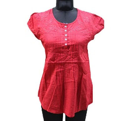 silver ladies red solid embroidered cotton top (red)