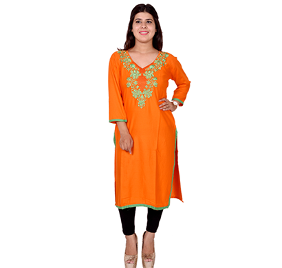 sml originals- sml_3050, beautiful stylish 3/4 sleeve cotton kurti with embroidery, (orange)