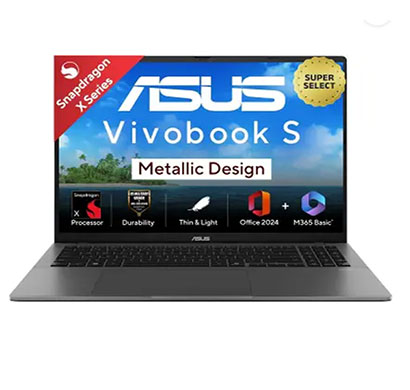 asus (s3607qa-sh075ws) vivobook s16 (2025) with office 2024 + m365 basic*, metal body, qualcomm snapdragon x thin and light laptop (16gb ram /512 gb ssd/16 inch/ windows 11 home with ms office),cool silver