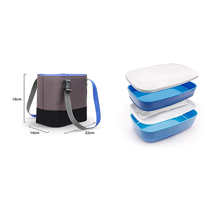 boomjoy lunch box set, 2 compartments, plastic insulated, 10-inches, with bag (blue)