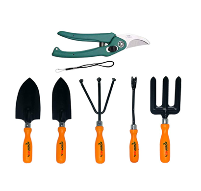 cinagro set of 6 gardening tool kit including pruner,heavy-duty metal gardening tools - rust-resistant (pruner, trowel, cultivator, transplanter, weeder, fork, orange handle, powder-coated finish)