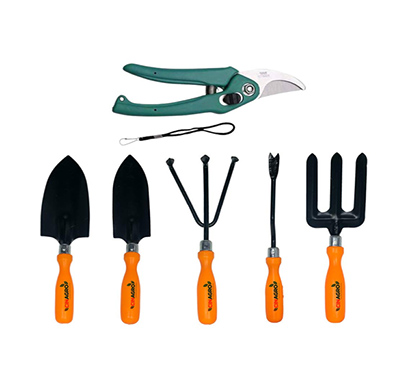 cinagro garden tool kit set of 6 includes 1 trowel, 1 cultivator, 1 transplanter, 1 weeder, 1 fork with orange 1 scissors, pack of pruning shears, pruning secateurs and gardening scissors, sharp blades for easy cutting, comfortable and durable