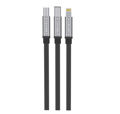 corseca (dmch48mlc) tangle free 3 in 1 fast charging usb cable with aluminium spring ( black)
