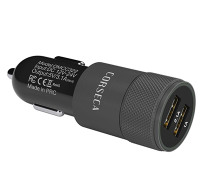 corseca (dmcc322) dual usb port 3.1a fast car charger with smart ic for protection against over current and short circuit (black)