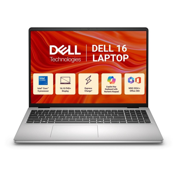 dell 16 dc16250 (odc1625001201rins1) laptop (intel core 5 120u/16 gb/512 gb ssd/windows 11 home/office h&s 2024 + m365/backlit keyboard + fingerprint reader/silver) 1 year warranty