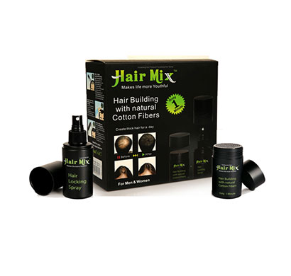 hairmix hair building with natural cotton fibers and hair locking spray