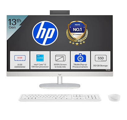 hp 27-cr0906in all-in-one desktop pc (intel core i3/ 13th gen/ 8gb ram/ 512 gb ssd/ 27 inch fhd/ windows 11 home), shell white