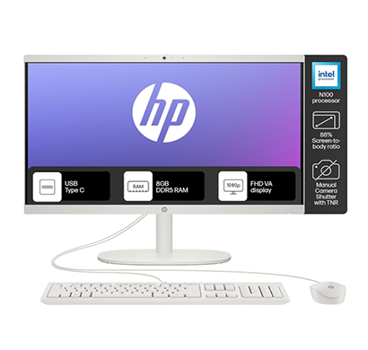 hp 22-dg0153in all-in-one desktop pc (intel celeron -n100/ 8gb ram/ 512gb ssd / windows 11 / white wired keyboard and mouse combo/ 21.45 inch fhd/ 1 year warranty), white