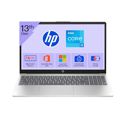 hp 15-fd0668tu laptop (intel core i3-1315u (13th gen)/ 16gb ddr4 ram/ 512gb nvme ssd/ 15.6'' fhd/ windows 11 home + ms office/ 1 year warranty), silver