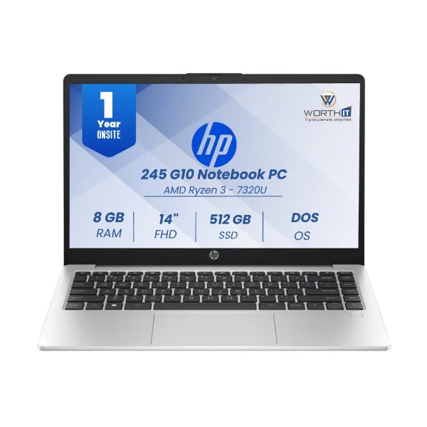 hp 245 g10 notebook pc (dy1l7at) laptop (amd ryzen 3 7320u/ 8gb ddr4 ram/512gb ssd/dos/14-inch fhd/ turbo silver/1.36 kg) 1-year onsite warranty