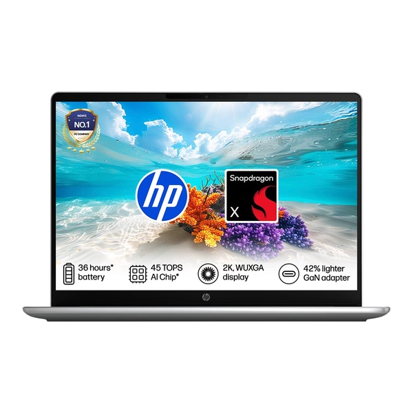 hp omnibook 3 14-hz0024qu next gen ai pc snapdragon x laptop (16 gb/512 gb ssd/windows 11 home/14 inch/ cover & keyboard frame/ modern silver base/ 1.42 kg/ with ms office/nouvelle silver ) 1 year warranty