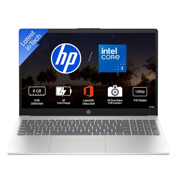 hp 15s-fd1145tu laptop (intel core 3 100u/8gb ddr5, 512gb ssd/15.6 fhd/39.6cm/ windows 11/m365 office24 /silver/1.59kg) 1 year warranty