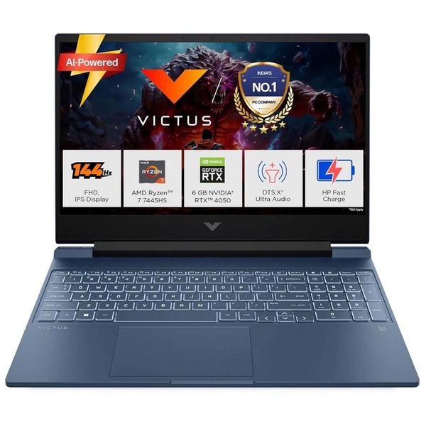 hp victus 15-fb3118ax gaming laptop (amd ryzen 7 7445hs/16gb ram/512 gb ssd/windows 11 home/6 gb graphics/nvidia geforce rtx 4050/15.6 inch/2.29 kg/with ms office/blue) 1 year warranty