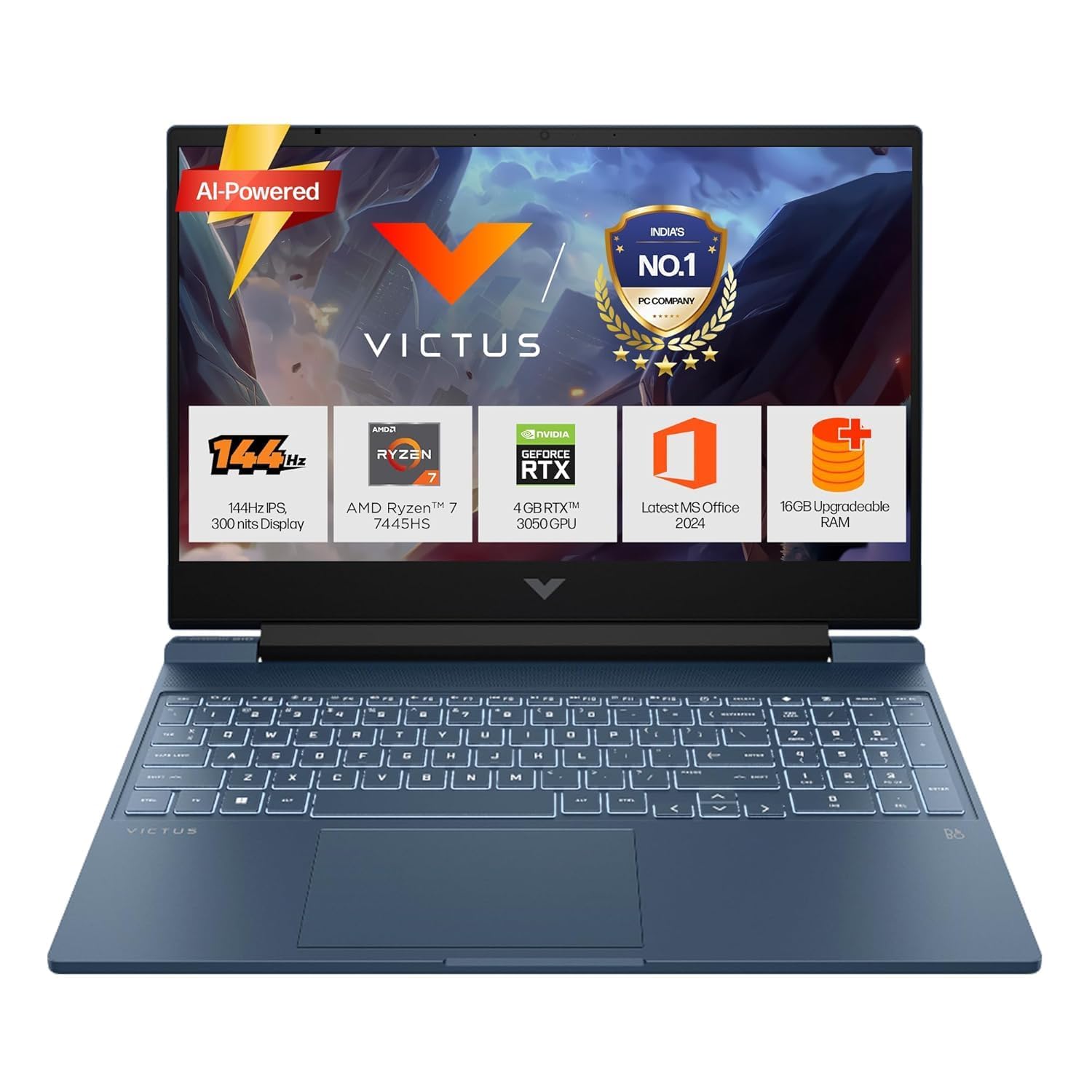 hp victus 15-fb3125ax gaming laptop (amd ryzen 7 7445hs/16gb ddr5(upgradeable)/ 512gb ssd/6gb rtx 3050/15.6 fhd 39.6cm/windows 11/m365* office24/backlit/blue/ 2.29kg) 1 year warranty
