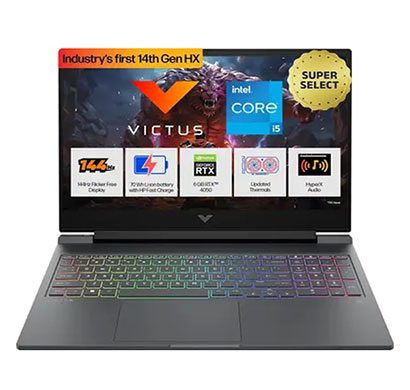 hp victus 15 (fa2382tx) gaming laptop (intel core i5 14th gen 14450hx/ 24 gb ram/ 512 gb ssd/ 16.1 inch screen/ windows 11 home with ms office / 6 gb graphics/ nvidia geforce rtx 4050/ black chroma logo), mica silver