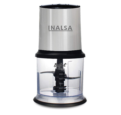 inalsa mini chopper bullet inox-450w with variable speed &100% pure copper motor, dual layered blade & 500ml capacity electric vegetable & fruit chopper ( black, silver)