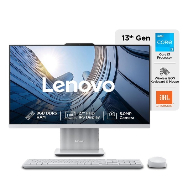 lenovo ideacentre f0hm00pkin all-in-one desktop (core i3-1315u /8gb ram /512gb ssd/27inch fhd/windows11/office 24/wlan+bt 5mp camera/wireless kbd/cloud grey) 1 year onsite warranty
