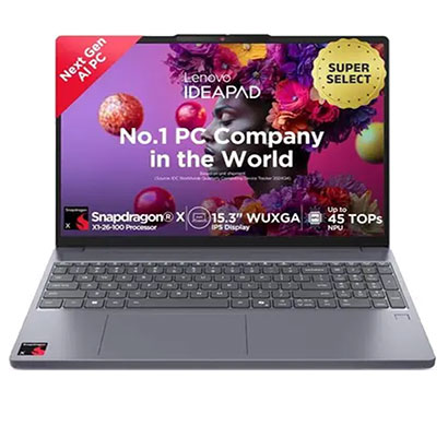 lenovo ideapad (83n30020in) slim 3 next gen ai pc wuxga ips copilot + pc qualcomm snapdragon x thin and light laptop 15q8x10 (16gb ram/ 512gb ssd/ 15.3 inch screen/ windows 11 home with ms office), luna grey