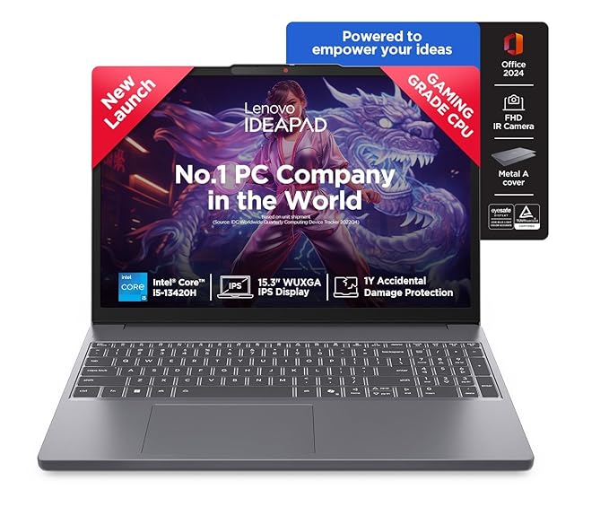 lenovo ideapad slim 3 (83k101jdin) thin & light laptop (intel core i5-13420h/13th gen / 15.3 inch/16gb ram/512gb ssd/windows 11/office 2024/top metal cover/backlit kb/1.6kg),luna grey