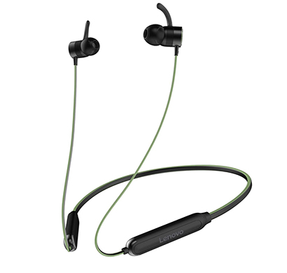 lenovo (he18) wireless bluetooth neckband with lenovo eq technology with in-ear extra stereo sound bass with mic (black green)