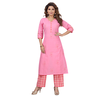 neeluz women's designer cotton palazzo pant suit set with block print and checked pink pant