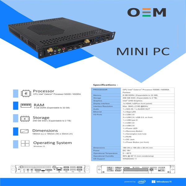 oem pdopal-v mini pc (intel celeron n5095,n5095a/8gb ddr4 ram 256gb ssd/intel uhd graphics/windows 11/fanless design/ hdmi + dp, gigabit lan),black