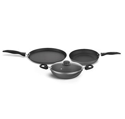 preethi (csw039) daily collection non stick set-tawa-28cm, fry pan-24cm, kadai-24cm & glass lid (grey)