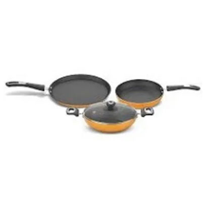 preethi (csw025) dura collection non stick set-tawa-28cm, fry pan-26cm, kadai-26cm & glass lid (yellow)