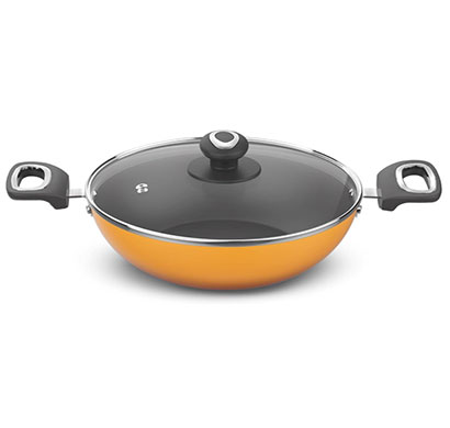 preethi (csw023) dura collection non stick kadai with glass lid 24cm (turmeric yellow)