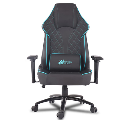 refurbished green soul (glance_blackblue_gs350) multi-functional ergonomic gaming chair, premium leatherette chair with best in class comfort, adjustable neck & lumbar pillow, 4d adjustable armrests & heavy duty metal base (black & blue)
