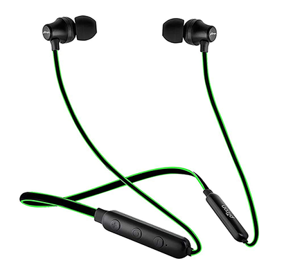 refurbished ptron tangent lite bluetooth 5.0 wireless headphones with hi-fi stereo sound, 6hrs playtime, lightweight neckband, mic (black, green)