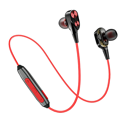 refurbished ptron bt headphone boom 4d earphone dual driver sport bluetooth headset with mic (red/black)
