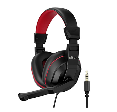refurbished ptron studio lite stereo sound wired headphones, ergonomic over-ear headset for work from home, adjustable mic & integrated volume control, 3.5mm aux jack & 1.3 meter tangle-free cord (black & red)