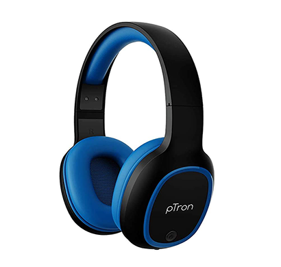 refurbished ptron studio over-ear bluetooth 5.0 wireless headphones, aux port & mic (blue)