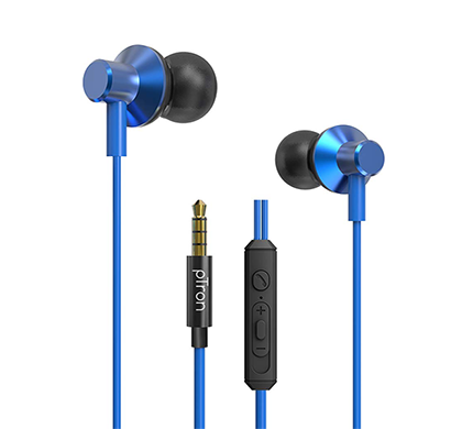 refurbished ptron pride lite hbe (high bass earphones) in-ear wired headphones with in-line mic (blue)