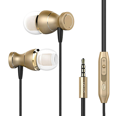 refurbished ptron magg headphone magnetic earphone with noise cancellation in-ear wired headset with mic (gold)