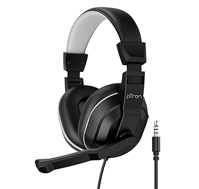 refurbished ptron studio lite stereo sound wired headphones, adjustable mic & integrated volume control (black & grey)