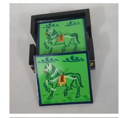 sankalan art gallery wooden coasters, 6 pieces, mango wood, hand painted, square shape, rajasthani design, 10 cm