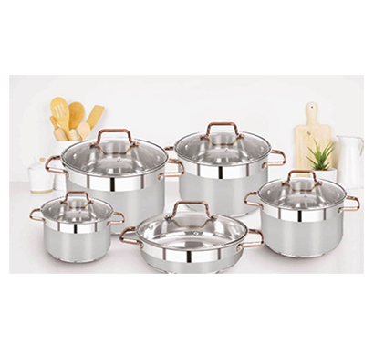 cookware set stainless steel 201 gold plated handle glass lid utensils (10 pcs)
