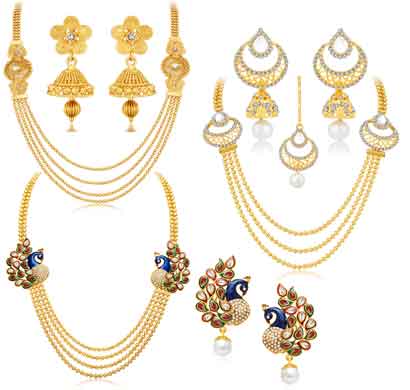 sukkhi gorgeous peacock gold plated set of 3 necklace set combo for women (457cb2700)