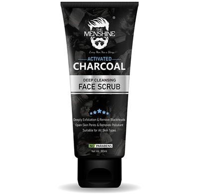 the menshine activated charcoal deep cleansing face scrub with tea tree oil and vitamin e, exfoliates skins & removes black heads, black, 100 g, deeply exfoliation, anti pollution, remove dead