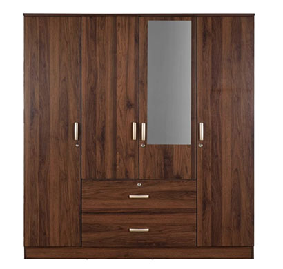 valuewud pepperfry (fn1931515)kazuhiko 4 door wardrobe with drawer & mirror in columbia walnut finish