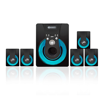 weboot 5.1-channel 80 watt 4 woofer system, 3 x 5 speakers with bluetooth/fm/sd card/ aux support & remote control bluetooth home theater ( blue)