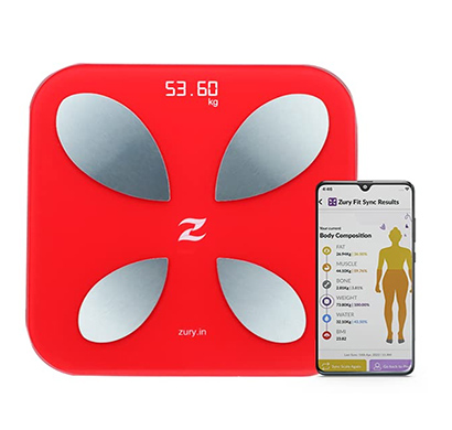 zury fit body scale with complete digital body composition monitor including bmi, skeletal muscle, protein, fat. body fat analyzer(red)