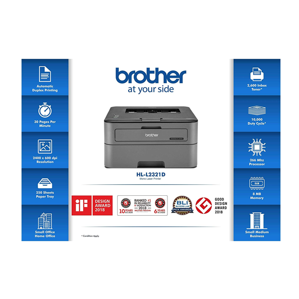 Brother HL-L2321D Single Function Monochrome Laser Printer With Auto Duplex Printing