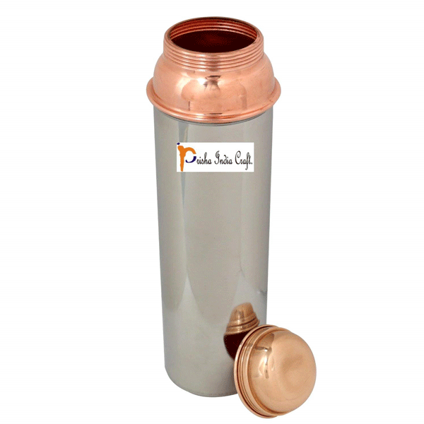 Prisha India Craft Copper Water Pitcher for the Refrigerator New Design Outside STEEL Inside COPPER water Bottle - Sports water Bottles/ Capacity 750 ML