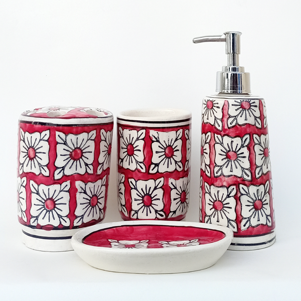 Hast Crafts Floral Ceramic Bathroom Set (4pc),Red