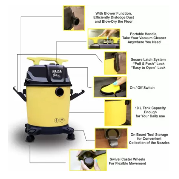 Inalsa Micro WD10 Wet & Dry Vacuum Cleaner (Black, Yellow)
